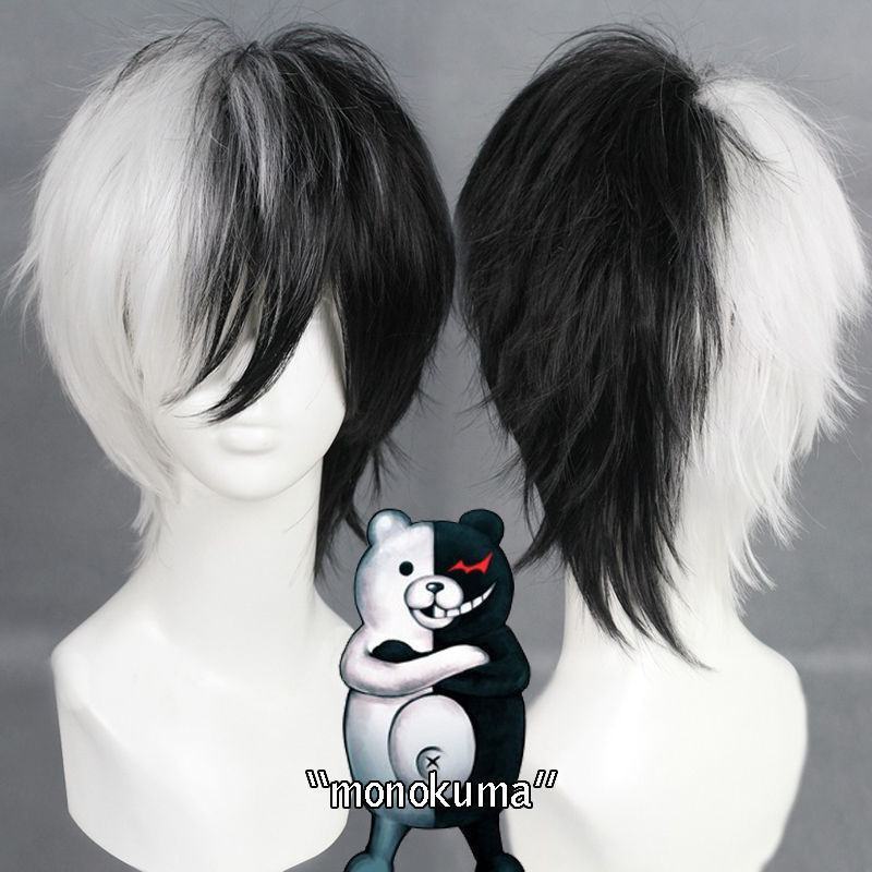 Cosplay Anime White Hair - Anime gra Danganronpa czarno-biały miś peruka